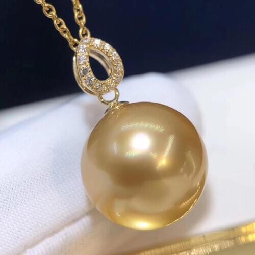 D908 Pearl Pendant Fine Jewelry 18K Solid Gold Round 13-14mm Nature Sea Water Golden Pearls Pendants Necklaces for Women Gifts