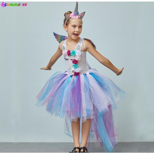 Kids Pastel Rainbow Unicorn Princess Tutu Dress Girl Halloween Pageant Costume Kids Tulle Train Unicorn Birthday Ball Gown Dress