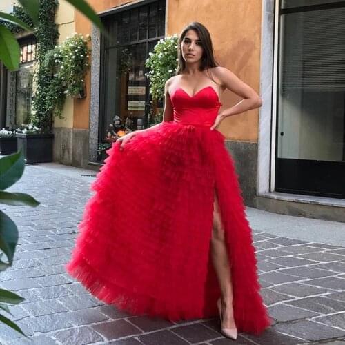 Sexy Red Long Prom Dresses Sweetheart A Line Ruffled Tired Tulle Front Slit Evening Gowns Luxury Wedding Party Dress