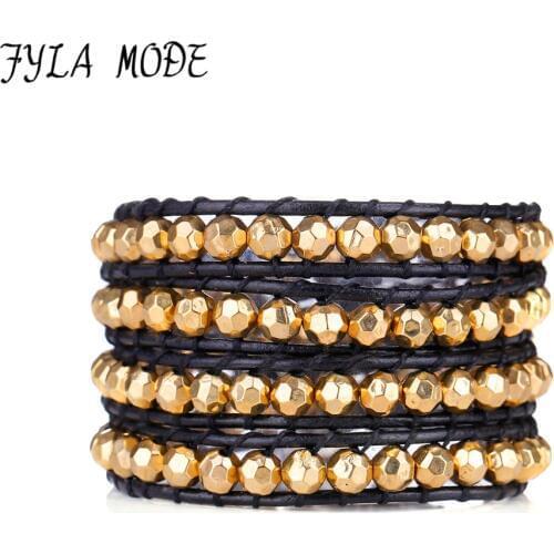 Fyla Mode New Gorgeous 4 Strands Bracelet With CCB Faceted Gold Color Beads Leather Wrap Bracelets Vintage Bracelet Personalize