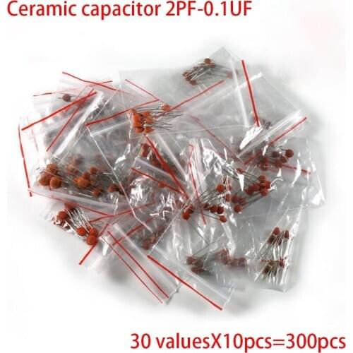 30 valuesX10pcs=300pcs Ceramic capacitor 2PF-0.1UF 2PF 3PF 680PF 1NF 1.5NF 68NF 100NF 0.1UF ETC component diy samples kit