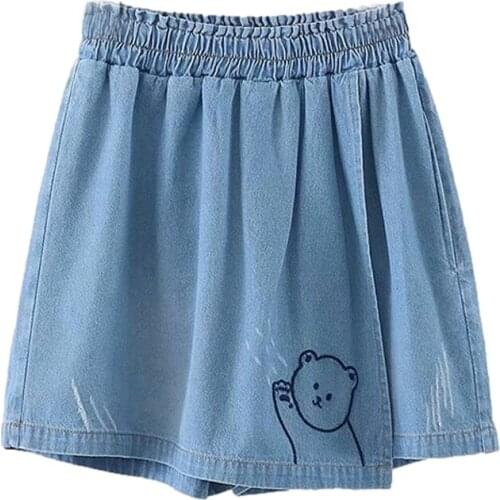 Summer New Fashion Cute Denim Shorts Girls Bottoms Kawaii Bear Cartoon Jeans Women Graphic Embroidery Casual Wide Skirt Shorts