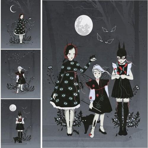 Little Girls And Plants With Eyes In The Moonlight Wall Art Canvas Painting Decoration Gothic Dark Horror Art Posters And Pritns