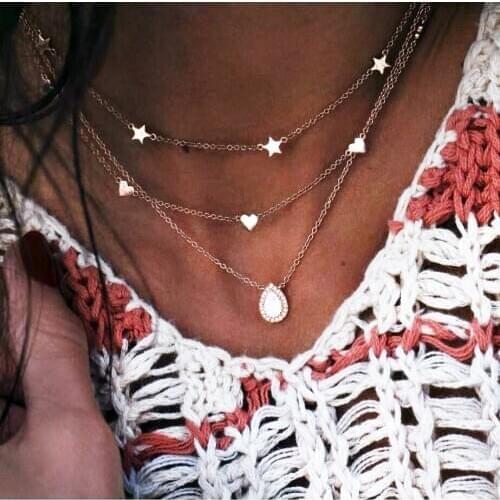 Fashion Necklace Three layers star heart charm with white crystal water-drop shape metal chain gold color