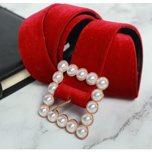 Fashion Trendy Red Velvet Pearl Button Womens Belt 2021 Pearl Buckle Flannel Apricot Girdle for Girls Luxury Dress Ceinture