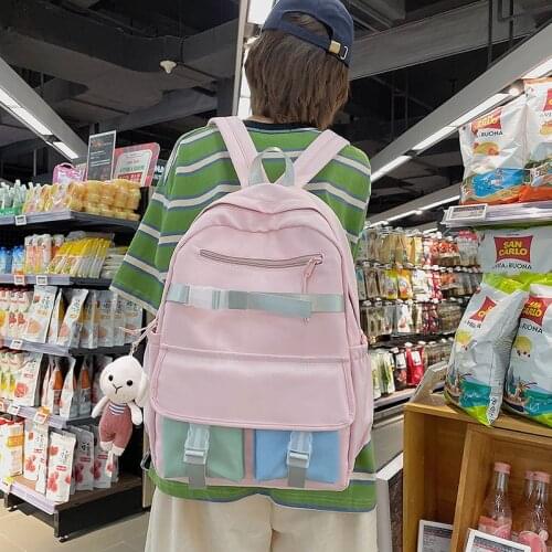 Fashion Womens Backpack Kawaii Pendant Nylon School Bag For Teenage Girls Contrast Color Large Backpack With Many Pockets