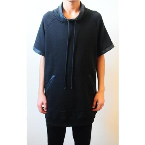 Mens Essential Short Sleeve Turtle Neck with Leather Trimmed Extended Tunic Jersey Hooded Hoody