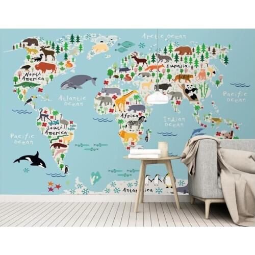 Custom mural 3d wall mural on the wall Cartoon animal world map childrens room home decor photo wallpaper in the living room