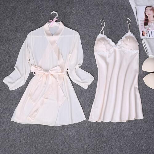 New Summer Lady Confettiates Sexy Household Imitate Real Silk Seductive Nightdress Two Pieces Bathrobe Lounge Negligee Pajamas