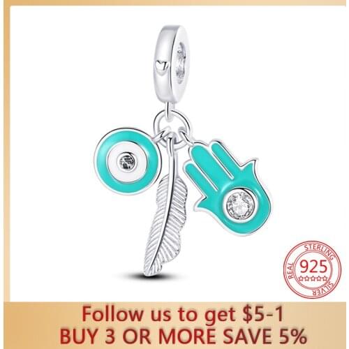 New 925 Sterling Silver Green Feathered Palm Demon Eye Charms Beads Fit Original Pandora Bracelet DIY Beads for Woman Jewelry