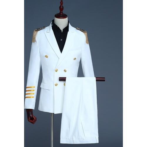 Brand New White Navy Blue Mens Captain Suits Latest Coat Pant Designs 2018 Men Groom Wedding Suit Blazer Hombre Slim Fit