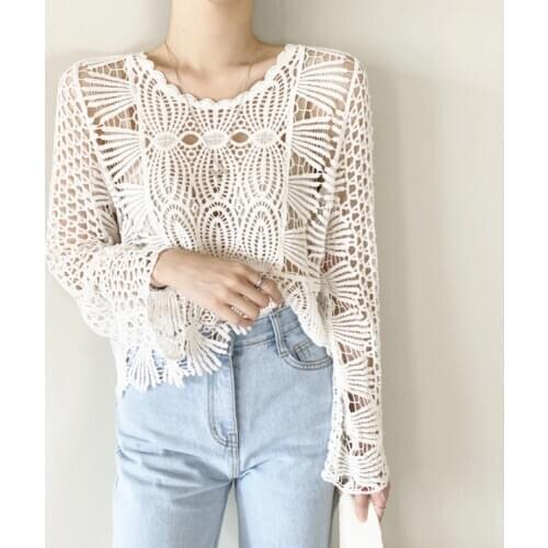 New Cotton Knitted Sweater Pullover Crochet Tops Cute Korean Long Sleeve Top Women Knitwear