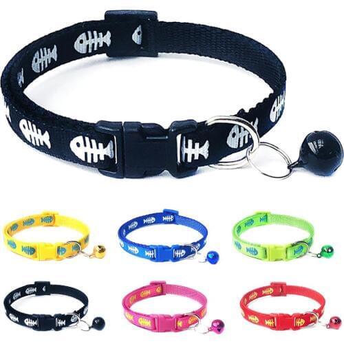 Pets Dog Cat Fish Bone Print Bell Buckle Adjustable Collar Necklace Neck Strap