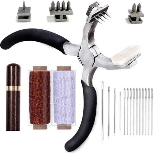 Imzay 19PCS Stitching Hole Punch , Silent Leather Hand Pliers With Leather Needle,Wooden Needle Case,Waxed Thread