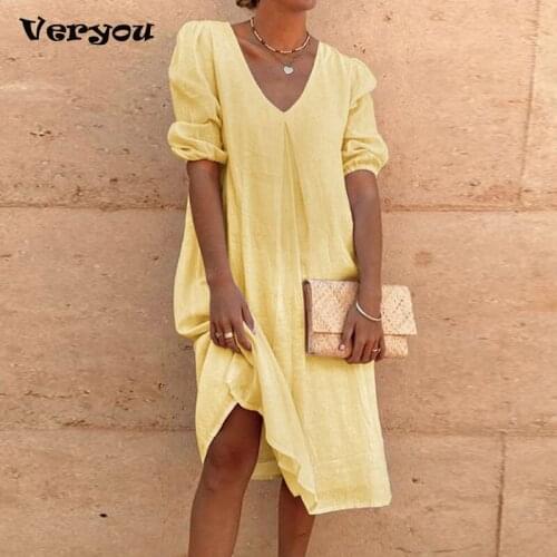 Summer Casual V-Neck Solid Loose Dress Women Mid-Calf Dress Elegant Lady Puff Sleeve Large Size XXXL Dress Outdoor Wear Vestido