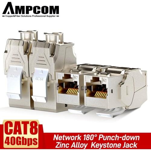 AMPCOM 2pcs CAT8 Keystone Jack Connectors Network RJ45 Module Socket Full Shielded TOOLLESS Type 40G 550MHz/2000MHz PoE/PoE+100W