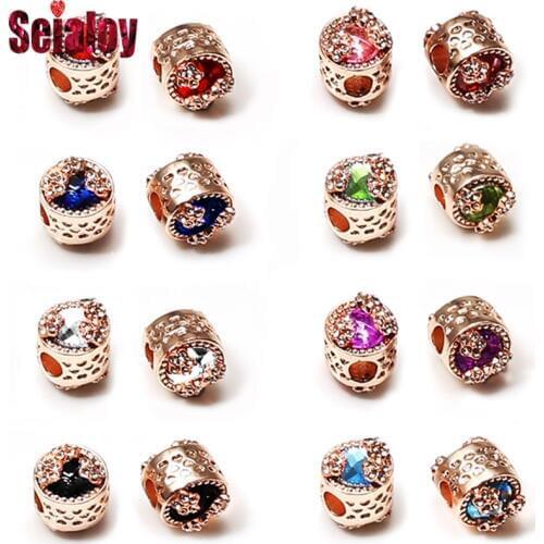 SEIALOY 2Pcs/lot Charms Crystal Daisy Rose Gold Beads Accessories Fit Original Brands Beads Bracelets For Women Jewelry Gifts