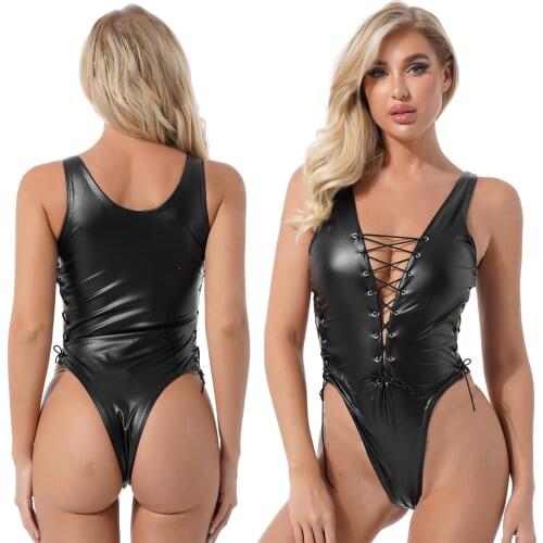 Sexy Women PU Leather Bodysuits Latex Catsuit V-Neck Faux Leather Bodysuit Hollow Out High Cut Leotard Sex Pole Dancing Clubwear