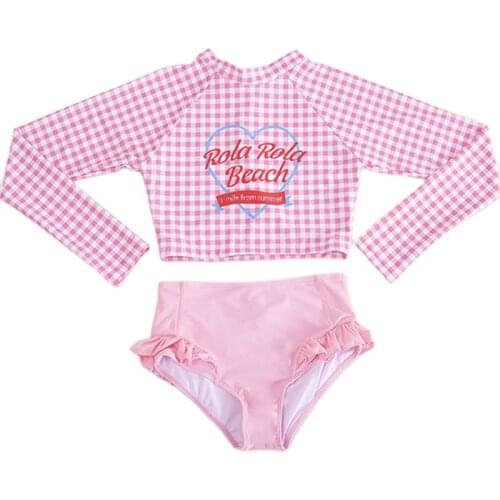 School Girl Cosplay Cute Plaid Two Piece Swimsuit Long Sleeve Rash Guard Push Up Swimwear Ruffled Tankini Pad Bathing Suit