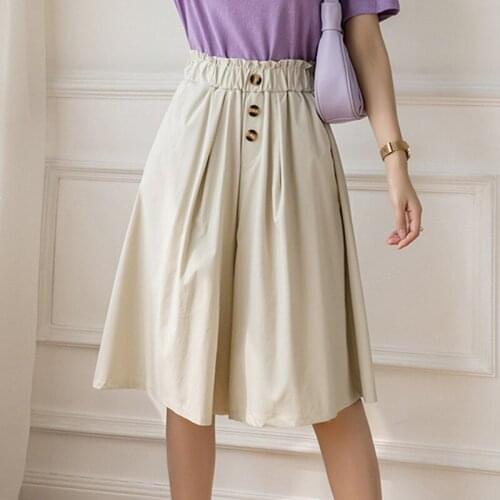 Summer Wide Leg Shorts Women Casual Elastic Buttons High Waist Capri Shorts Half Long Design Lady Relax Fit Plain Lounge Shorts