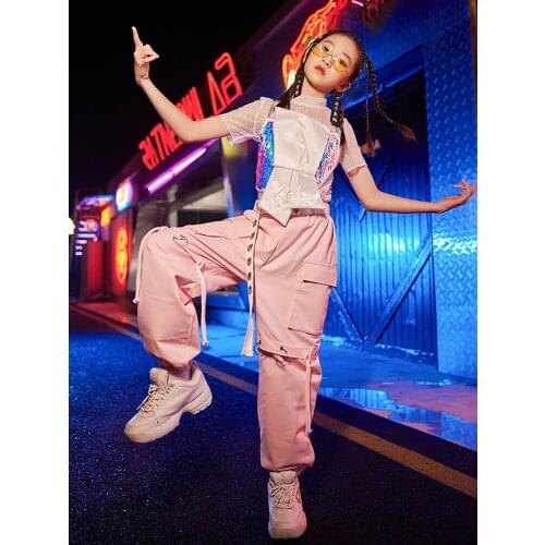 Summer Streer Dance Wear Girls Catwalk Show Outfit Mesh Tops Sequins Vest Pink Overalls Jazz Dancing Performance Costume VDB4073