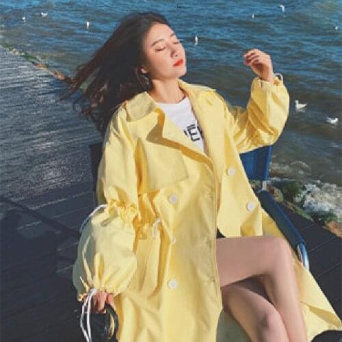 Yellow Simplicity Mid-Length Trench Coat Female 2021 Spring Autumn New Korean Casual Temperament Windbreaker Overcoat Women A655