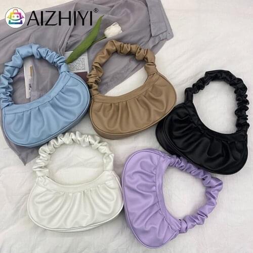 Vintage Women PU Leather Pleated Shoulder Underarm Bag Casual Ladies Solid Color Small Handbags Purse