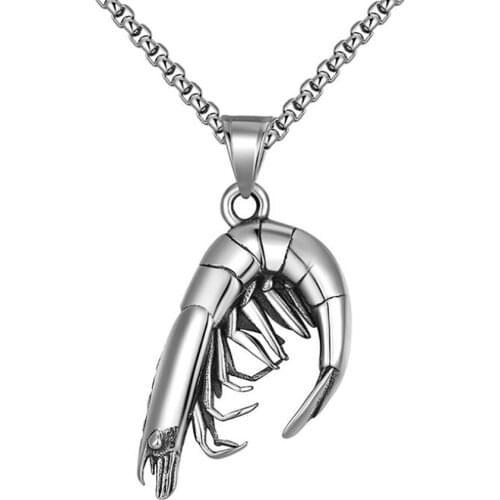 Stainless Steel Punk Rock Vintage Shrimp Pendant Necklace Crayfish Jewelry Gift For Him with Chain