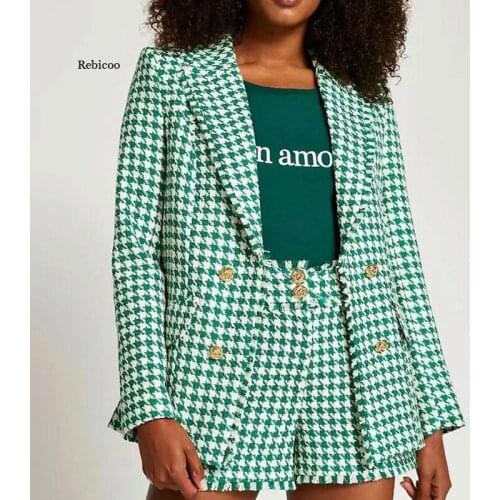 Women Green Houndstooth Blazers Autumn Notched Collar Double Breasted Woman Jackets Female Checked Coat