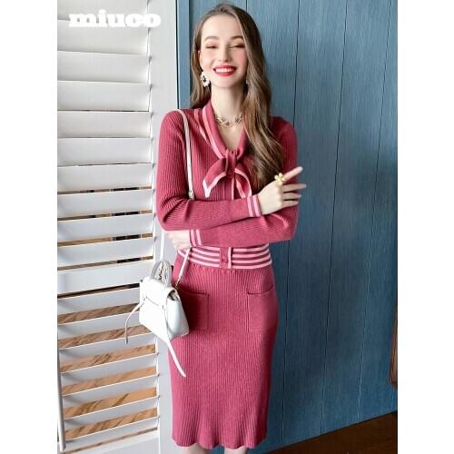 Contrast tie collar single breasted cardigan+Straight tube one step a half skirt suit for women 2021 High Quality Top Quality