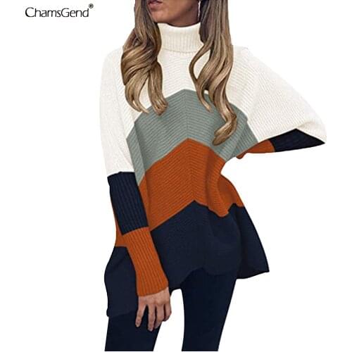 Turtleneck Sweater Women 2021 Autumn Winter Warm Soft Knitted Batwing Sleeve Patchwork Pullover Sweater Top Femme Jumper