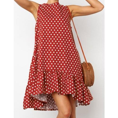Ladies Summer Polka Dot Print Ruffled Sleeveless O-Neck Beach Mini Casual Sundress 2021 Fashion Plus Size Womens Dress