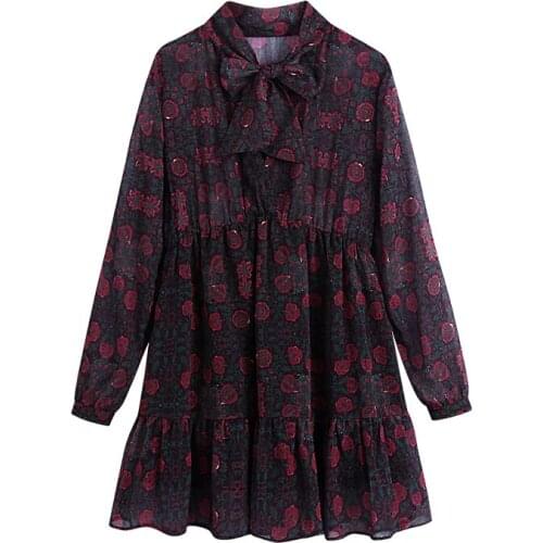 Women Elegant Print Mini Dress Summer Autumn 2021 Bow Neck Boho Floral Chiffon Dress Lady Casual Long Sleeve Pleated Dresses
