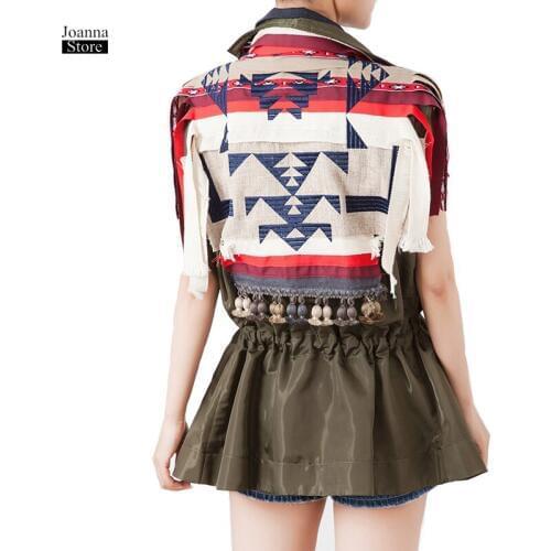 Vest Women Plus Size Streetwear Tassel Green Khaki Coat Sleeveless Indian Style Coats Fall Vintage Patchwork Personality Clothes