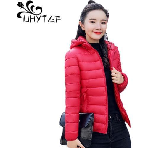 UHYTGF 4XL Plus Size Winter Jacket Women Parkas Thin Outerwear Hooded Coat Short Jacket Female Slim Cotton padded Basic Tops 118