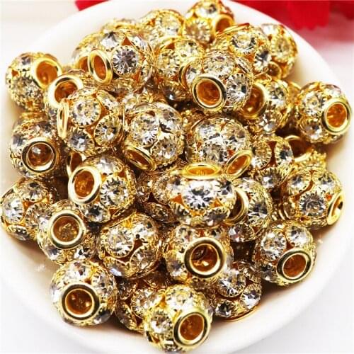 10Pcs Gold Micro Pave Cubic Zirconia Charm Beads Crystal Clear CZ Stone Disco Ball Beads Bracelet Charm Spacer for DIY Jewelry
