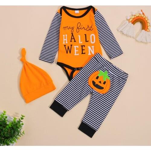 2021 Newborn Halloween Romper + Pants + Hat, Pumpkin Print Horizontal Stripes Pattern Festive Clothing
