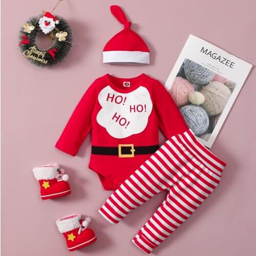 Christmas Baby’s Clothes Sets Letter Print Long Sleeve Romper Stripe Pants with Hat 3pcs Outifts Autumn Winter Clothing