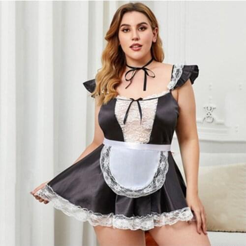 3Pcs Women French Maid Cosplay Costume Women Square Neck Cap Sleeves Lace Trim Mini Flared Dress with Apron Neckwear XL