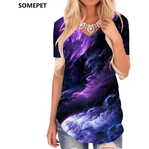 SOMEPET Nebula T-shirt women Purple Tshirts Printed Space T-shirts 3d Universe V-neck Tshirt Womens Clothing Fashion Loose