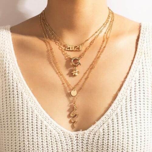 HuangTang 2021 Letter Snake Pendant Necklace for Women Multi-layer Hollow Geometric Choker Jewelry Party Gift Accessories 18233