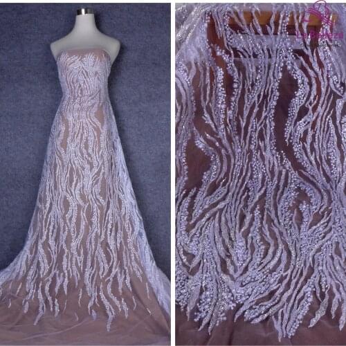 La Belleza 2021 fashion bridal lace,simple lines beading lace fabric,White beading wedding dress lace fabric 51'' width 1 yard