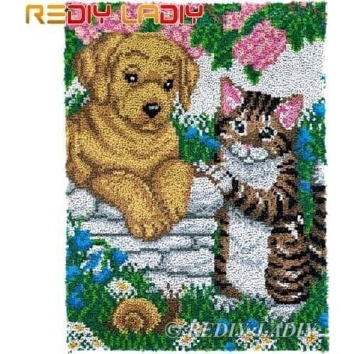 Latch Hook Rug Puppy and Kitten Chunky Yarn Tapestry Kits DIY Carpet Rug Knitted Floor Mat Crochet Cushion Arts & Crafts 61*81cm