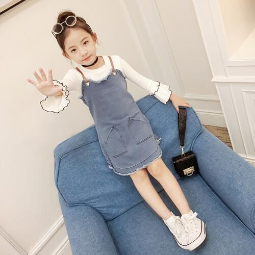 Hot Sale Childrens Clothing Suit Girls Strap Denim Dress + White Bottoming Shirt 2 Pcs Set Female Kids Spring Fall Clothes X122
