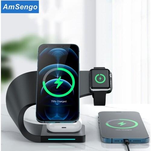 Amsengo 4 In 1 Magnetic Wireless Charger Stand For Magnetic iPhone 12 Pro Max Apple Watch 6 5 Airpods Pro 15W Fast Charging Dock