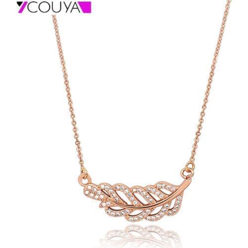Fashion Feather Pendant Necklace Shiny Necklace Rose Gold High Polished Crystal Charm Necklace Best Gift for Girls and Women