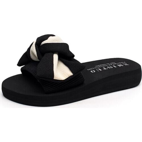 Fashion Bowknot Women Slippers 2020 New Summer Sweet Beach Flats Shoes Handmade 3cm Heel Slides Casual Non Slip Footwear Size 42