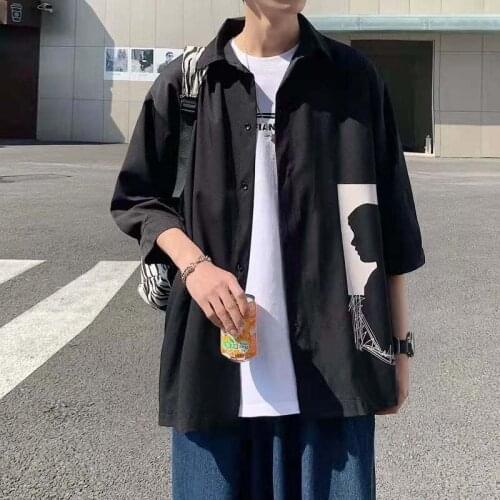 Ice Silk Mens Summer Short-sleeved Korean Version Of The Trend Of Wild Loose Five-point Sleeve Shirt Bf Harajuku Half-sle