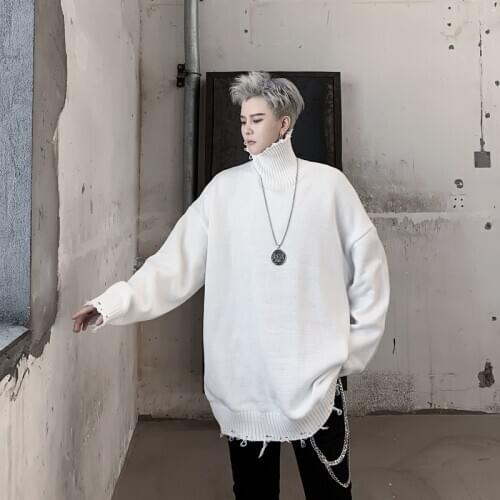 Men Turtleneck Hole Loose Solid Knitted Pullover Sweater Autumn Winter Male Women Street Hip Hop Punk Gothic Sweater