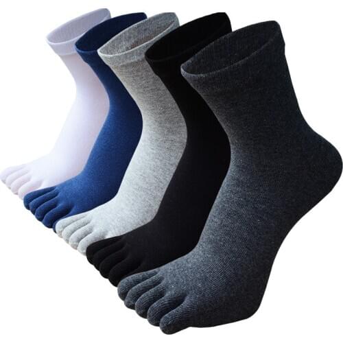 5 Pairs Large Size Cotton Toe Socks for Men Boys Five Fingers Crew Socks Solid Black White Casual Mid-calf Toe Socks Size 7-12